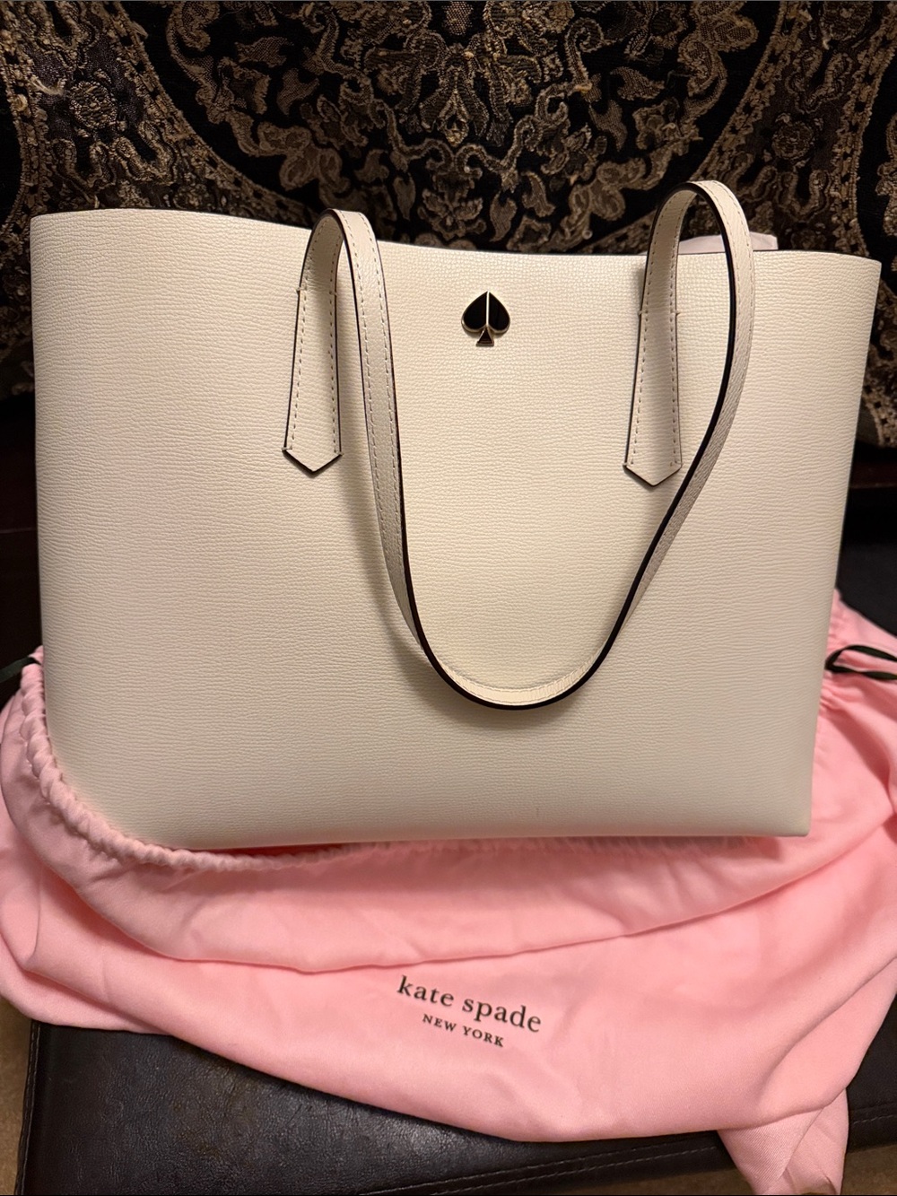 kate spade cream leather tote with gold spade emblem